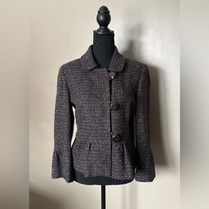 TALBOTS brown Italian wool tweed peplum blazer 10 P silk alpaca jacket EUC